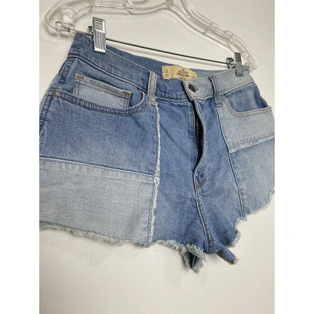 Hollister Blue Denim Vintage Shorts Size 28 Womens High Rise Cut Off Color Block